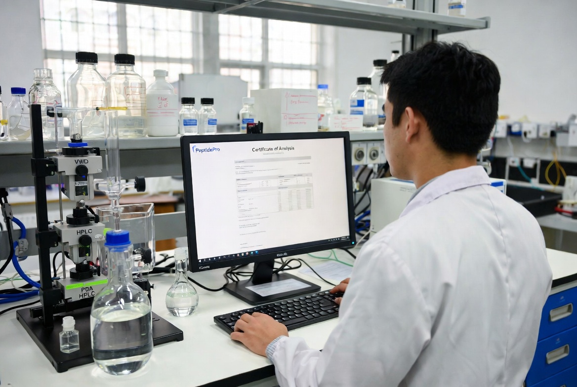 Laboratory scientist performing HPLC testing and quality analysis